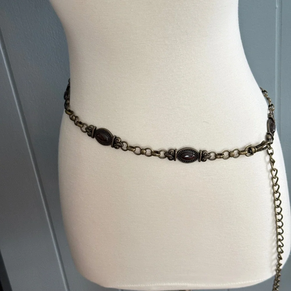 Vintage Bronze Chain Belt Faux Amber Cabochon Filigree Medallion Boho Adjustable